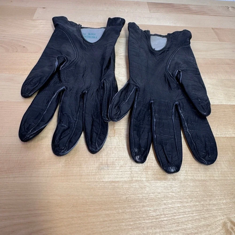 Vintage French Real Kid Black Leather Silk Lined Gloves‎ Women Size 6.5 France